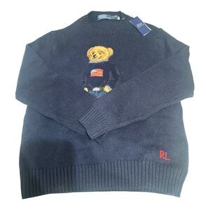 NWT Polo Ralph Lauren Bear Sweater Navy Flag Knit Large MSRP $398